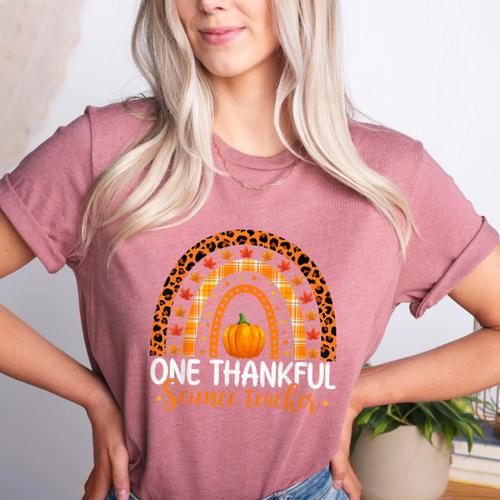 One Thankful Science Teacher Rainbow Boho Fall Thanksgiving Women's Heather T-Shirt - teacherstshirts.com AU