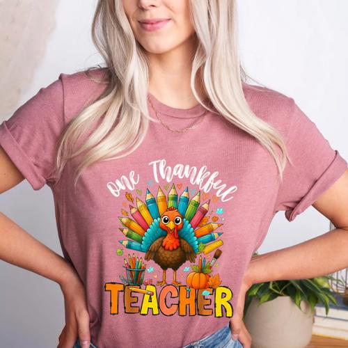 One Thankful Teacher Thanksgiving Turkey Cute Crayon Pencil Women's Heather T-Shirt - teacherstshirts.com