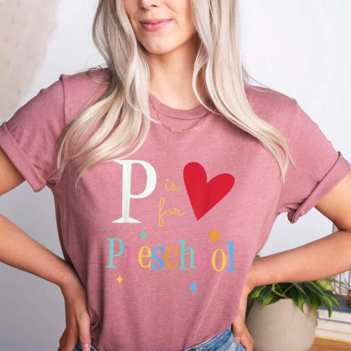 P Is For Preschool Teacher Student Back To School Women's Heather T-Shirt - teacherstshirts.com CA
