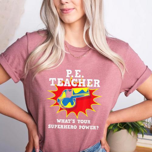 PE Physical Education Teacher Superhero Power School Women's Heather T-Shirt - teacherstshirts.com UK