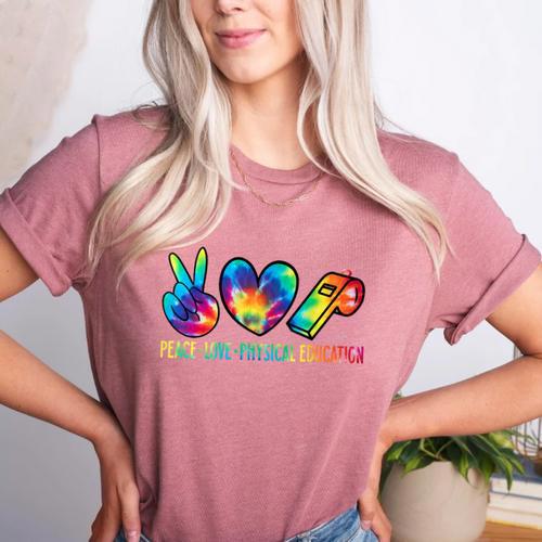 Peace Love Physical Education Tie Dye Sports PE Teacher Women's Heather T-Shirt - teacherstshirts.com AU