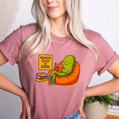 Pickle Reading Books Bookworm Teacher Librarian Kids Retro Women's Heather T-Shirt - teacherstshirts.com