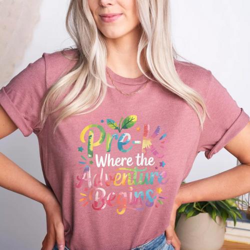 Pre-K Where The Adventure Begins Preschool Teachers Students Women's Heather T-Shirt - teacherstshirts.com
