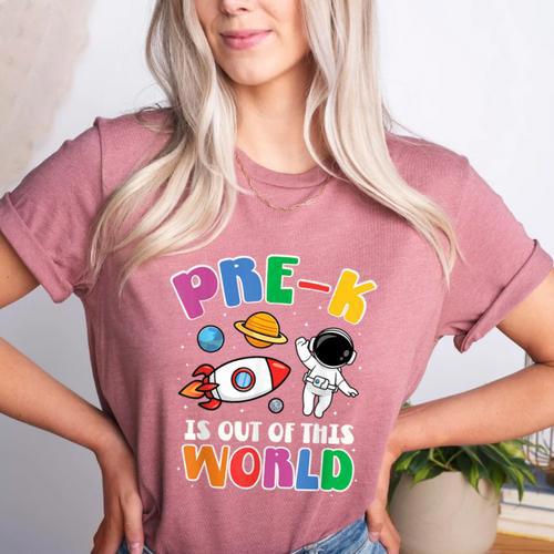 Pre-K Student Teacher Astronaut Space Back To School Women's Heather T-Shirt - teacherstshirts.com DE
