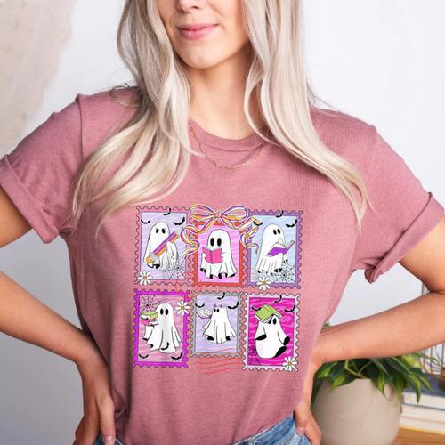 Preppy Spooky Teacher Halloween Ghost Coquette Bow Autumn Women's Heather T-Shirt - teacherstshirts.com DE