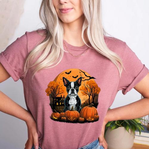 Pumpkin Boston Terrier Costume On Boston Terrier Halloween Women's Heather T-Shirt - Bostonterriersmerch.com