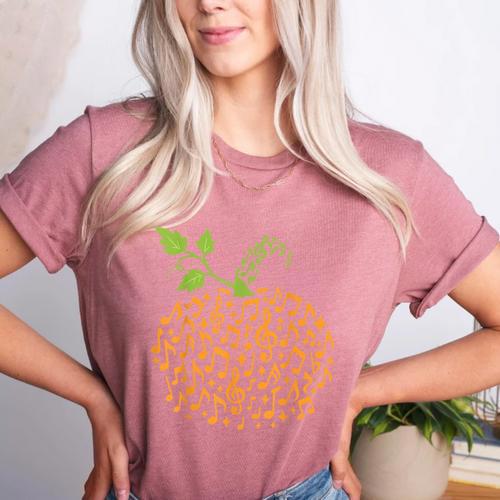 Pumpkin Music Notes Fall Teacher Autumn Halloween Women's Heather T-Shirt - teacherstshirts.com UK