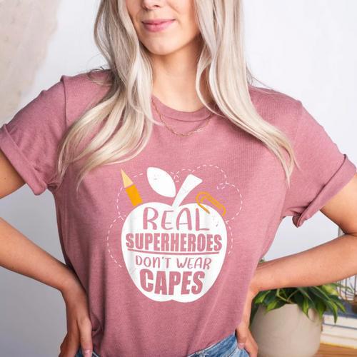 Real Superheroes Wear No Capes Teacher Design Teach Women's Heather T-Shirt - teacherstshirts.com DE