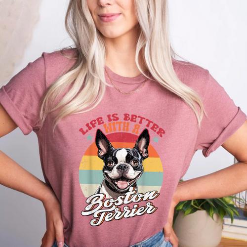 Retro Life Is Better With Boston Terrier Mom Dog Lover Women's Heather T-Shirt - Bostonterriersmerch.com
