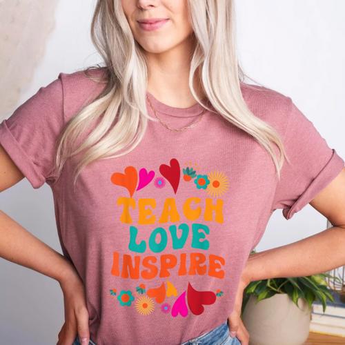 Retro Teach Love Inspire Back To School Teachers Women's Heather T-Shirt - teacherstshirts.com