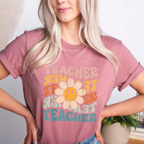 Retro Teacher Daisy Colorful Elementary School Teacher Women's Heather T-Shirt - teacherstshirts.com DE