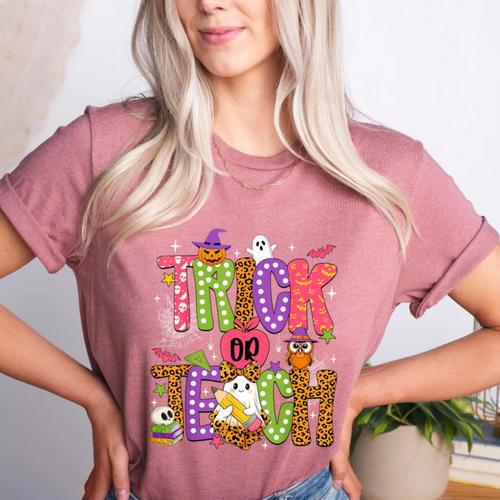 Retro Trick Or Teach Leopard Ghost Halloween Spooky Teacher Women's Heather T-Shirt - teacherstshirts.com CA
