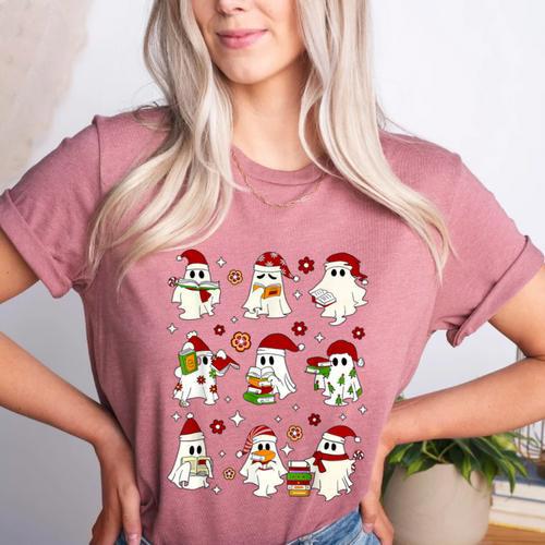 Santa Ghost Reading Books Christmas Library Teacher Women's Heather T-Shirt - teacherstshirts.com UK