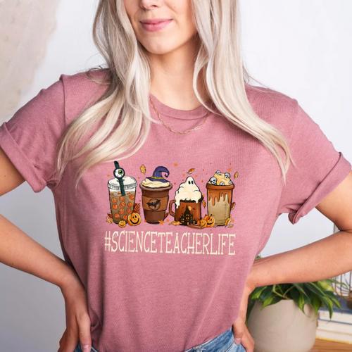 Science Teacher Horror Fall Coffee Halloween Pumpkin Autumn Women's Heather T-Shirt - teacherstshirts.com DE