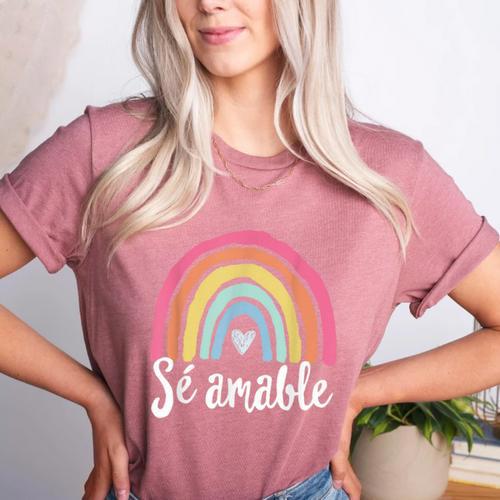 Sé Amable Spanish Bilingual Teacher Be Kind Boho Rainbow Women's Heather T-Shirt - teacherstshirts.com AU