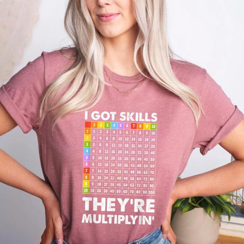 I Got Skills They'Re Multiplying Nerd Math Teacher Women's Heather T-Shirt - teacherstshirts.com CA