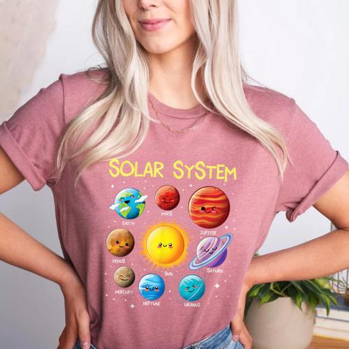 Solar System Cute Face Planets Space Science Teacher School Women's Heather T-Shirt - teacherstshirts.com AU