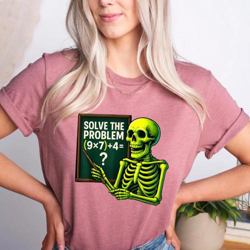 Solve The Problem Skeleton Teacher Halloween Math Six Seven Women's Heather T-Shirt - teacherstshirts.com