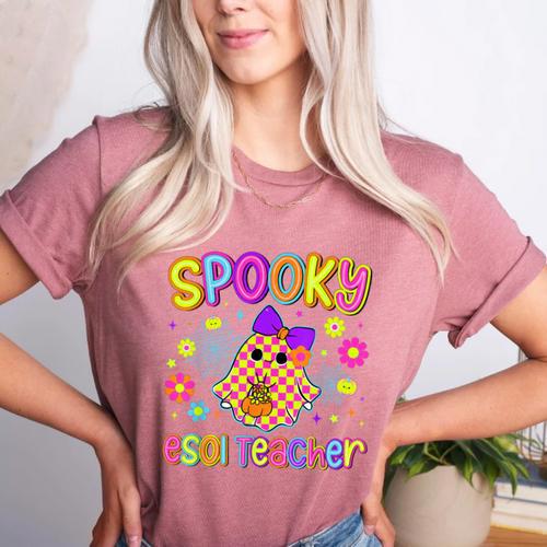 Spooky ESOL Teacher Halloween ESOL Teaching Coquette Women's Heather T-Shirt - teacherstshirts.com AU