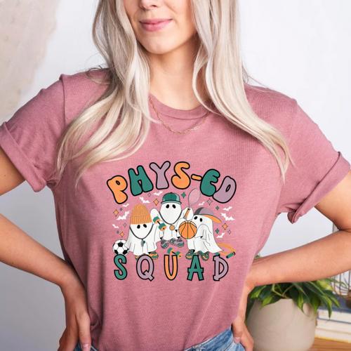 Spooky Ghost PE Teacher Squad Physical Education Halloween Women's Heather T-Shirt - teacherstshirts.com