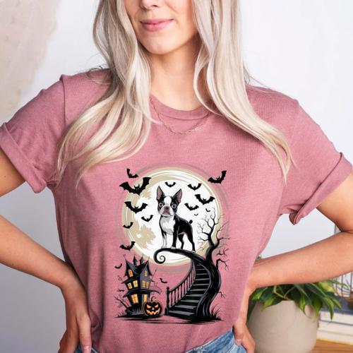 Spooky Halloween Moon Boston Terrier Boston Bull Bostie Women's Heather T-Shirt - Bostonterriersmerch.com