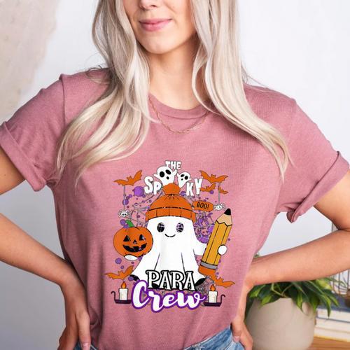 Spooky Para Crew Ghost Halloween Paraprofessional Teacher Women's Heather T-Shirt - teacherstshirts.com CA
