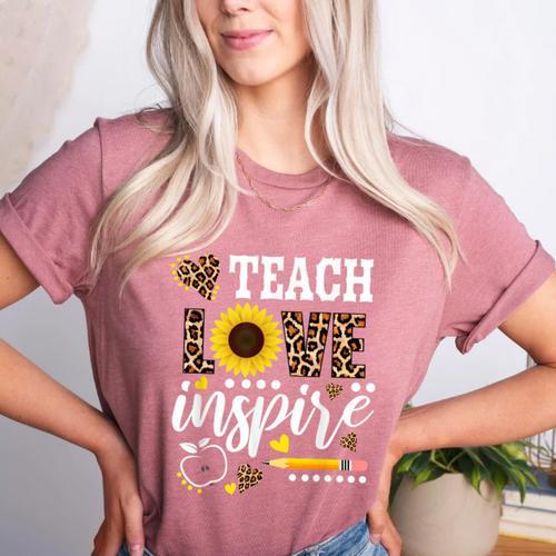 TEACH LOVE INSPIRE Teacher Sunflower Appreciation Women's Heather T-Shirt - teacherstshirts.com