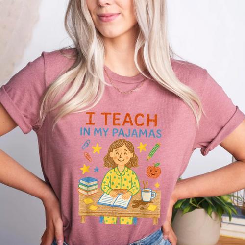 I Teach In My Pajamas Crayon Home School Teacher PJs Women's Heather T-Shirt - teacherstshirts.com DE