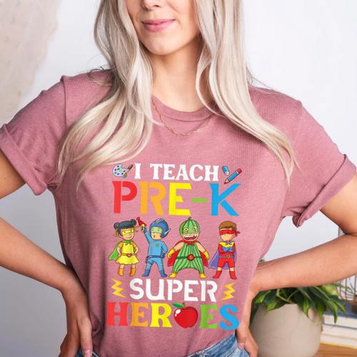 I Teach Pre-K Superheroes Students Teacher Back To School Women's Heather T-Shirt - teacherstshirts.com CA
