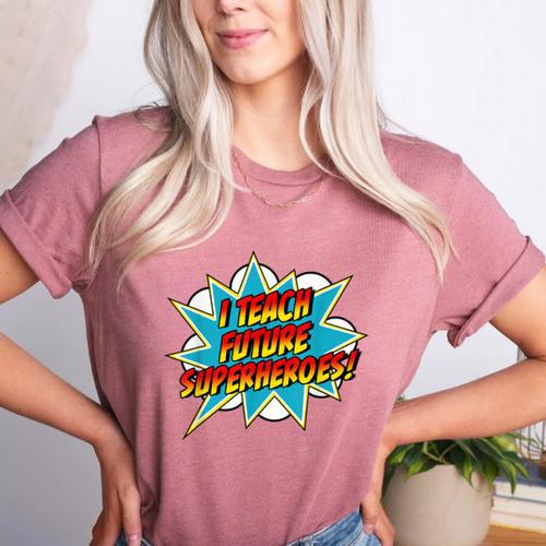 I Teach Superheroes Retro Comic Super Teacher Graphic Women's Heather T-Shirt - teacherstshirts.com DE