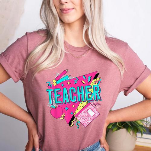 Teacher 90s Retro Colorful Teacher Of The 90s Back To School Women's Heather T-Shirt - teacherstshirts.com DE