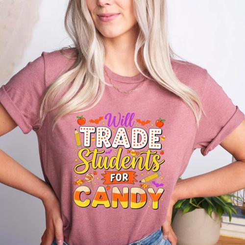 Teacher Cute Will Trade Students For Candy Halloween Costume Women's Heather T-Shirt - teacherstshirts.com UK