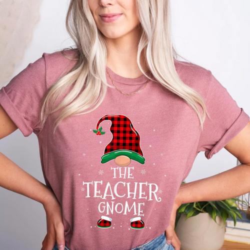Teacher Gnome Xmas Family Matching Plaid Christmas Gnomes Women's Heather T-Shirt - teacherstshirts.com