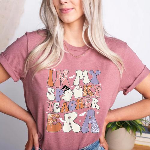 Teacher Halloween In My Spooky Teacher Era Retro Groovy Women's Heather T-Shirt - teacherstshirts.com UK