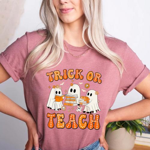 Teacher Halloween Trick Or Teach Retro Groovy Floral Ghost Women's Heather T-Shirt - teacherstshirts.com AU