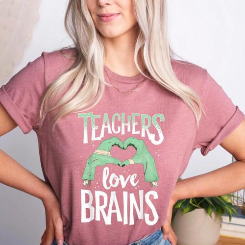 Teachers Love Brains Halloween Costume Trick Treat Zombie Women's Heather T-Shirt - teacherstshirts.com CA
