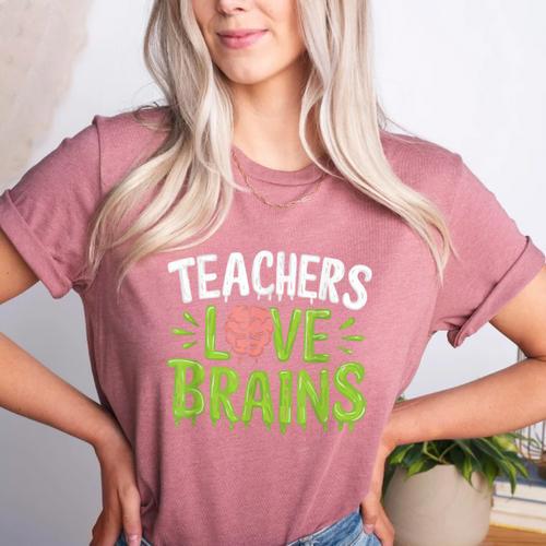 Teachers Love Brains Halloween Teacher Zombie Women's Heather T-Shirt - teacherstshirts.com AU