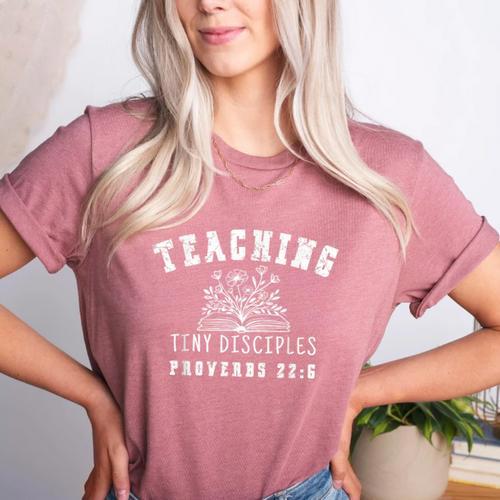 Teaching Tiny Disciples Christian Bible Verse Teacher Women's Heather T-Shirt - teacherstshirts.com CA