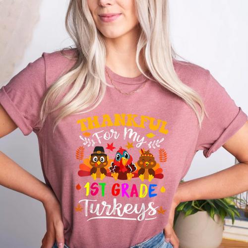 Thankful For My 1st Grade Turkeys Thanksgiving Teacher Fall Women's Heather T-Shirt - teacherstshirts.com