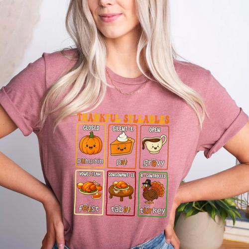 Thankful Syllables Thanksgiving Phonics Reading Teacher Fall Women's Heather T-Shirt - teacherstshirts.com CA