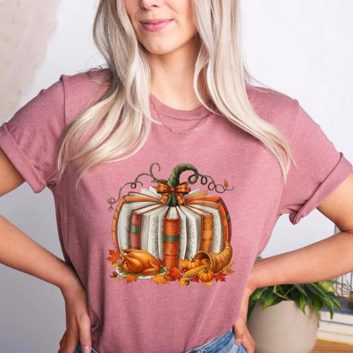 Thanksgiving Book Pumpkin Reading Teachers Fall Lovers Boys Women's Heather T-Shirt - teacherstshirts.com UK