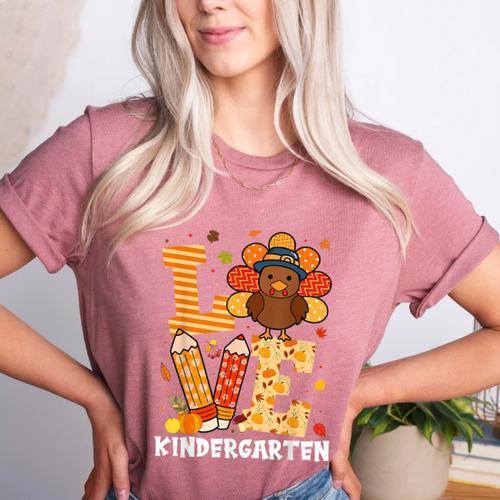 Thanksgiving Love Kindergarten Teacher Turkey Autumn Fall Women's Heather T-Shirt - teacherstshirts.com CA