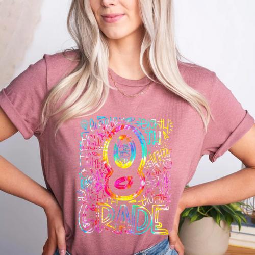 Tie Dye 8th Grade Typography Team Eighth Grade Teacher Women's Heather T-Shirt - teacherstshirts.com AU