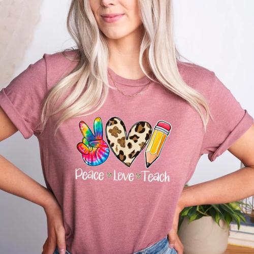Tie Dye Hippie Peace Love Teach Teacher Appreciation Women's Heather T-Shirt - teacherstshirts.com