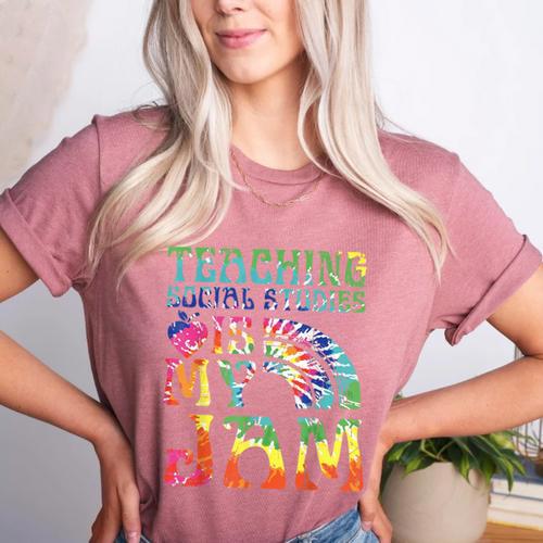 Tie Dye Teaching Social Studies Is My Jam Sunglasses Teacher Women's Heather T-Shirt - teacherstshirts.com AU