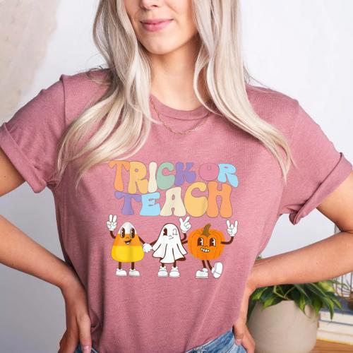 Trick Or Teach Cute Halloween Teacher Women's Heather T-Shirt - teacherstshirts.com