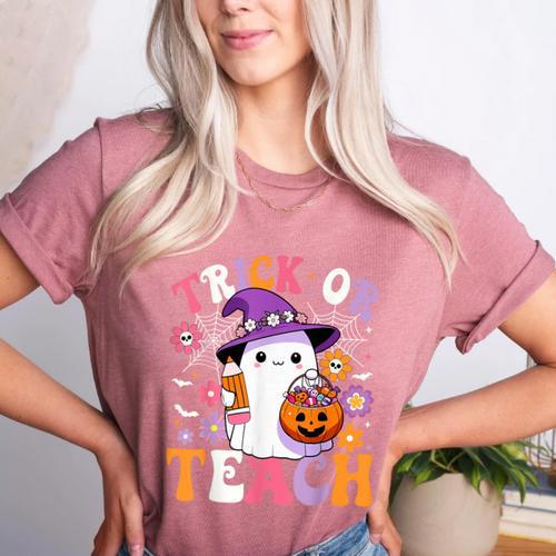 Trick Or Teach Groovy Teacher Ghost Halloween Teacher Women's Heather T-Shirt - teacherstshirts.com AU