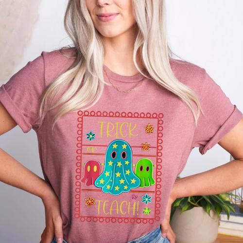 Trick Or Teach Neon Ghost Flower Teacher Spooky Halloween Women's Heather T-Shirt - teacherstshirts.com UK