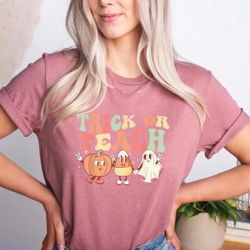Trick Or Teach Pumpkin Candy Corn Ghost Halloween Teacher Women's Heather T-Shirt - teacherstshirts.com UK