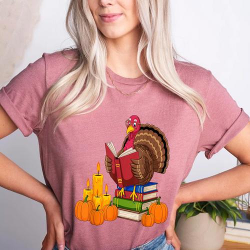 Turkey Reading Books Fall Thanksgiving Teacher Book Women's Heather T-Shirt - teacherstshirts.com AU